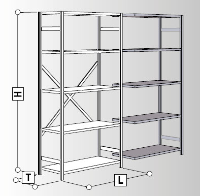 Grundregal Höhe = 2 m, Länge 1m, Tiefe 60 cm, mit 5 Tablaren, cplt.