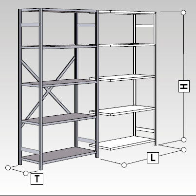 Anbauregal Höhe = 2 m, Länge 1 m, Tiefe 40 cm, mit 5 Tablaren, cplt.